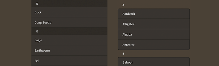 Screenshot of Feathers a GroupedList component